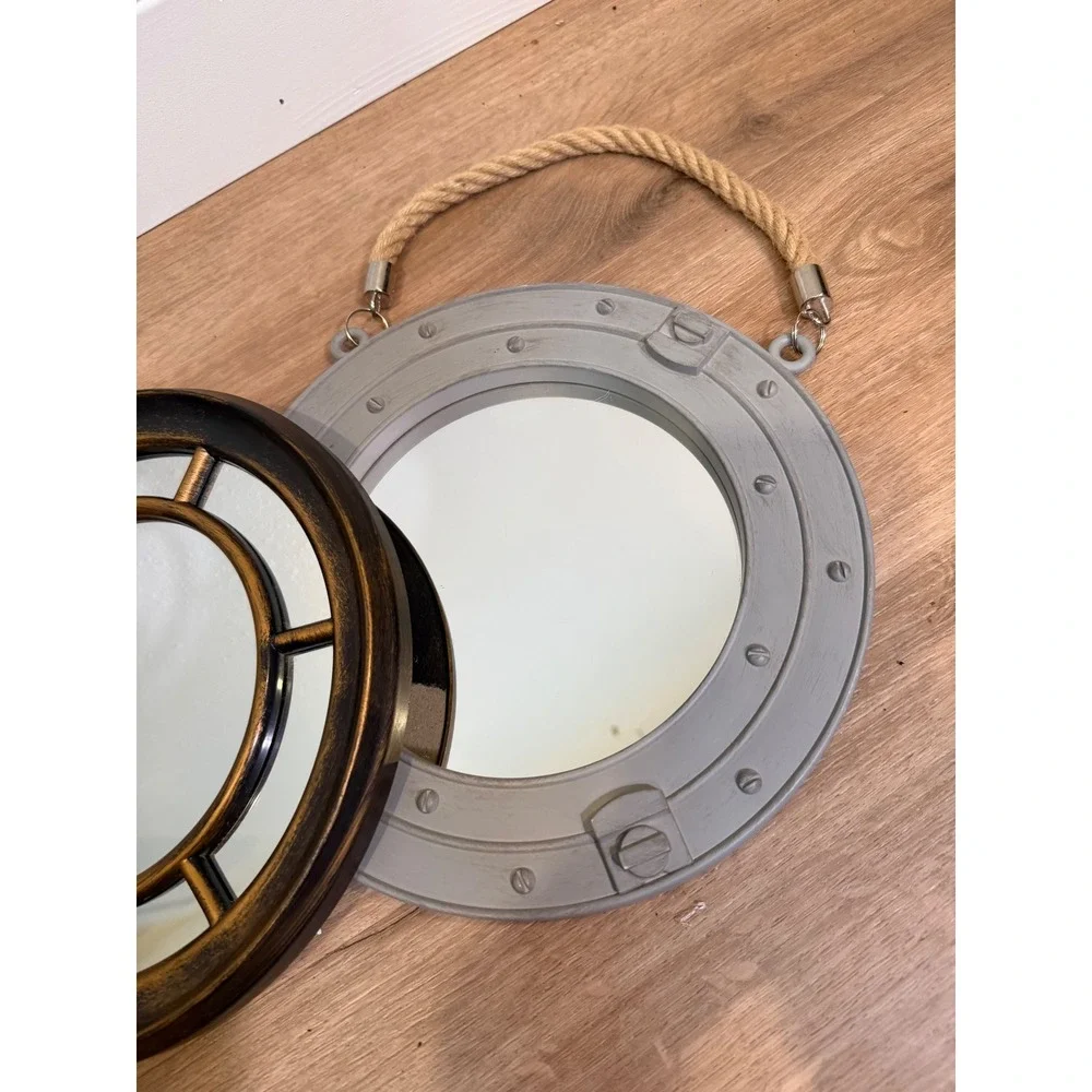 Porthole Mirror Set Gray Bronze Nautical Coastal Wall Decor Beach House Lake Art